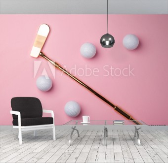 Picture of Luxury golden golf club with golf balls isolated on pink background